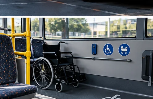 Fahrzeuginnenraum mit barrierefreiheitsbezogenen Piktogrammen