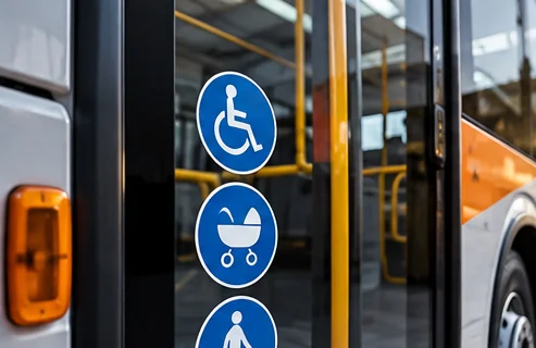 Blaue Rollstuhl- und Kinderwagenpiktogramme im Bus