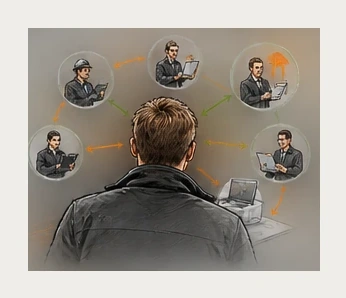 Illustration der zusammenhängenden Schnittstellen eines Werbetechnikprojekts