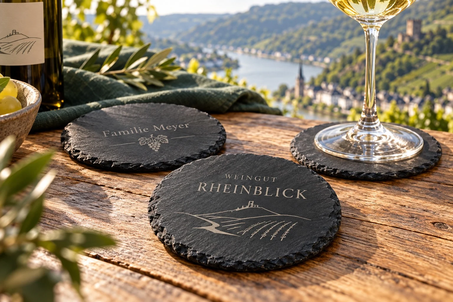 Natürliche Schieferuntersetzer mit individueller Lasergravur für ein Weingut und eine Weinpatenschaft