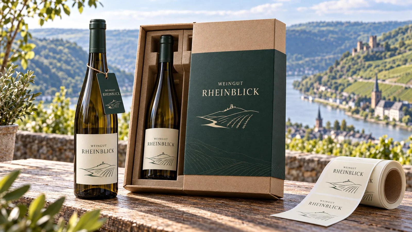 Weinetiketten, Flaschenanhänger und Geschenkverpackung
