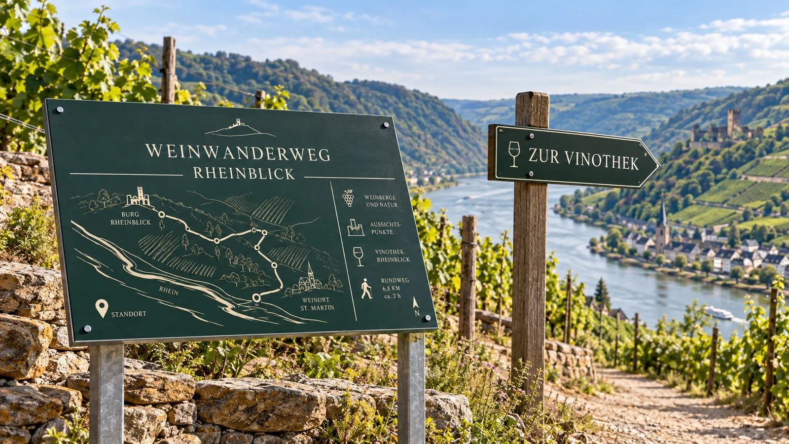 Individuelle Beschilderung eines Weinwanderwegs am Rhein