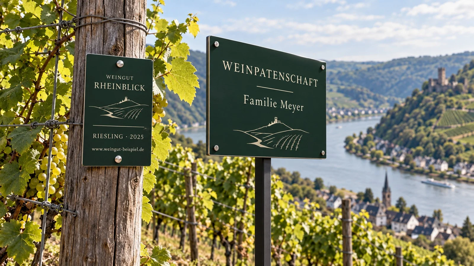 Rebsorten- und Patenschaftsschilder im Weinberg